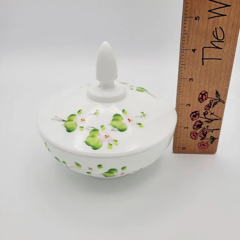 Vintage Fenton Pink Blossoms in the Snow Covered Candy Dish Painted Milk Glass